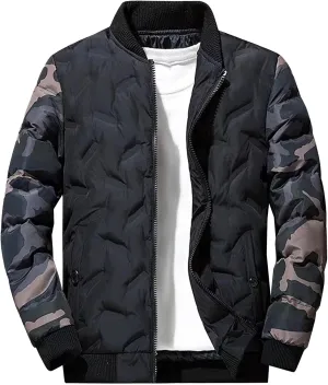 JEsilunmaMY Men's Lightweight Camo Bomber Jackets Winter Rib Varsity Baseball Quilted Jacket Windproof Warm Padded Coats