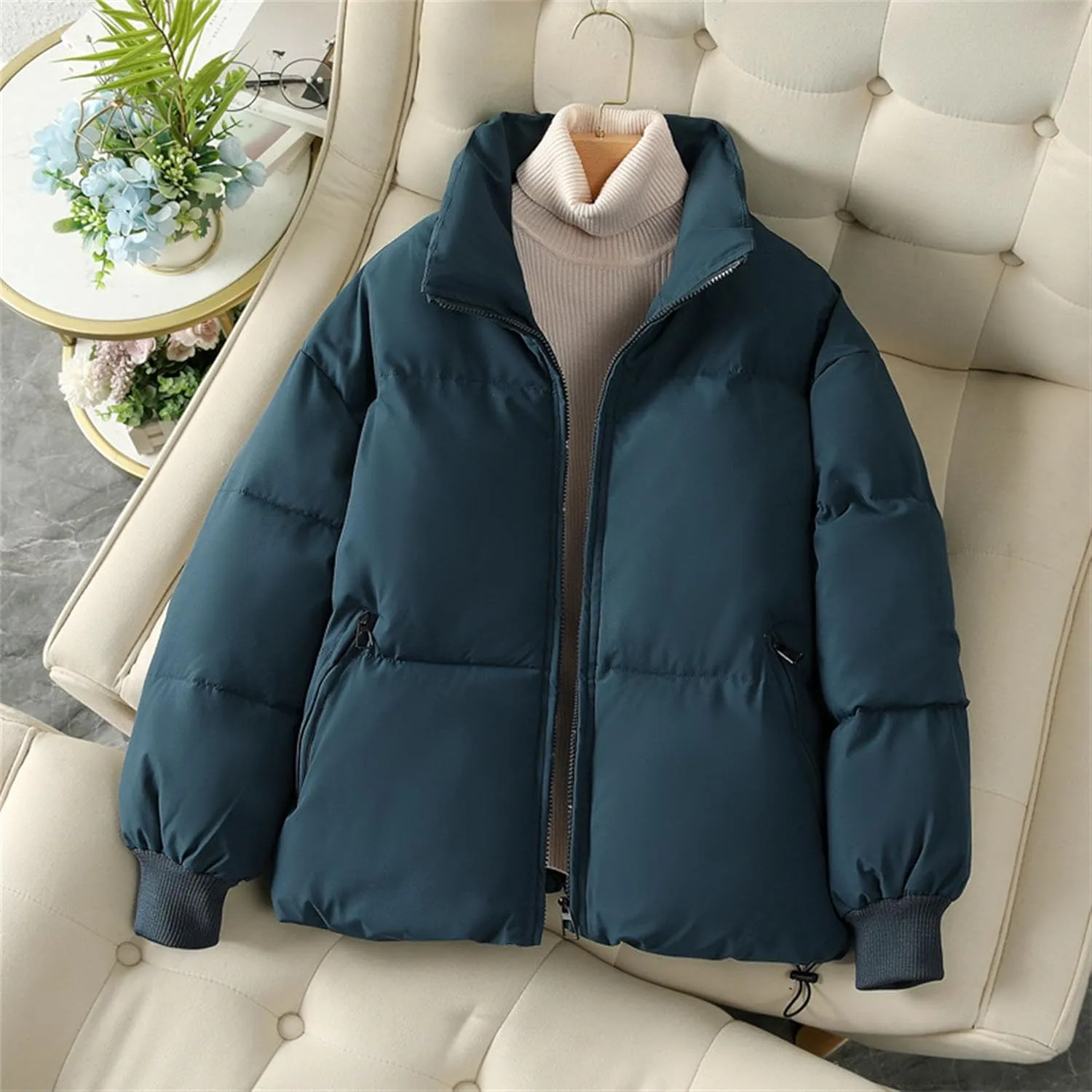 JEsilunmaMY Women's Thicken Short Puffer Jacket Stand Collar Casual Loose Down Coats Warm Winter Insulated Padded Coat
