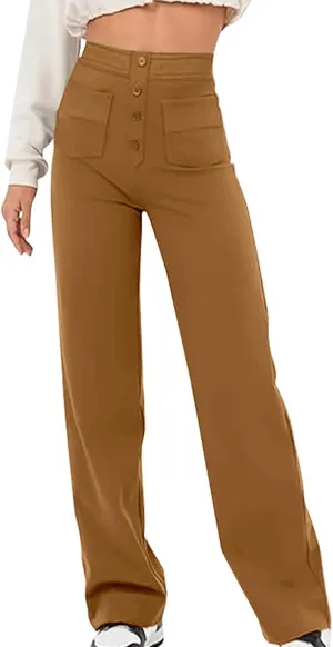 JOAU Womens 2024 Summer High Waisted Straight Leg Pants Fashion Button Decorated Casual Stretchy Trousers with Front Pockets