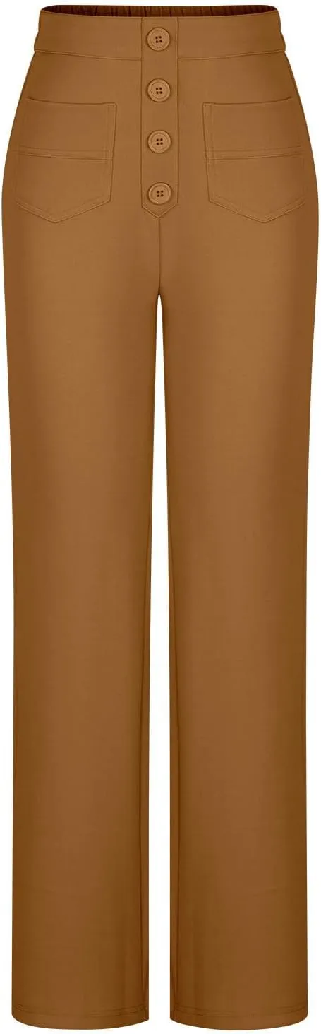 JOAU Womens 2024 Summer High Waisted Straight Leg Pants Fashion Button Decorated Casual Stretchy Trousers with Front Pockets