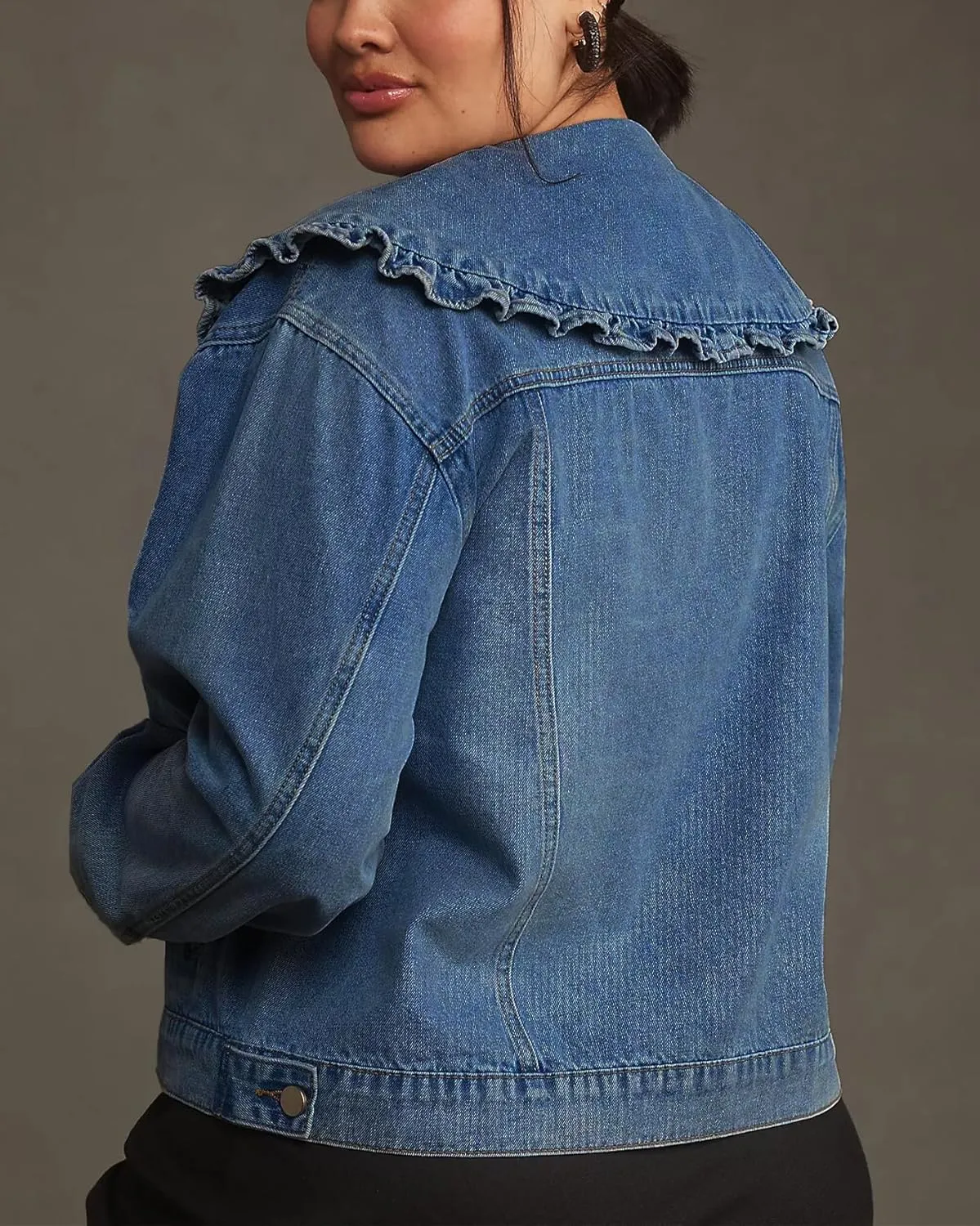 Kedera Women's Jean Jacket Cropped Denim Jacket Long Sleeve Peter Pan Collar Button Down Jean Shirt Crop Top