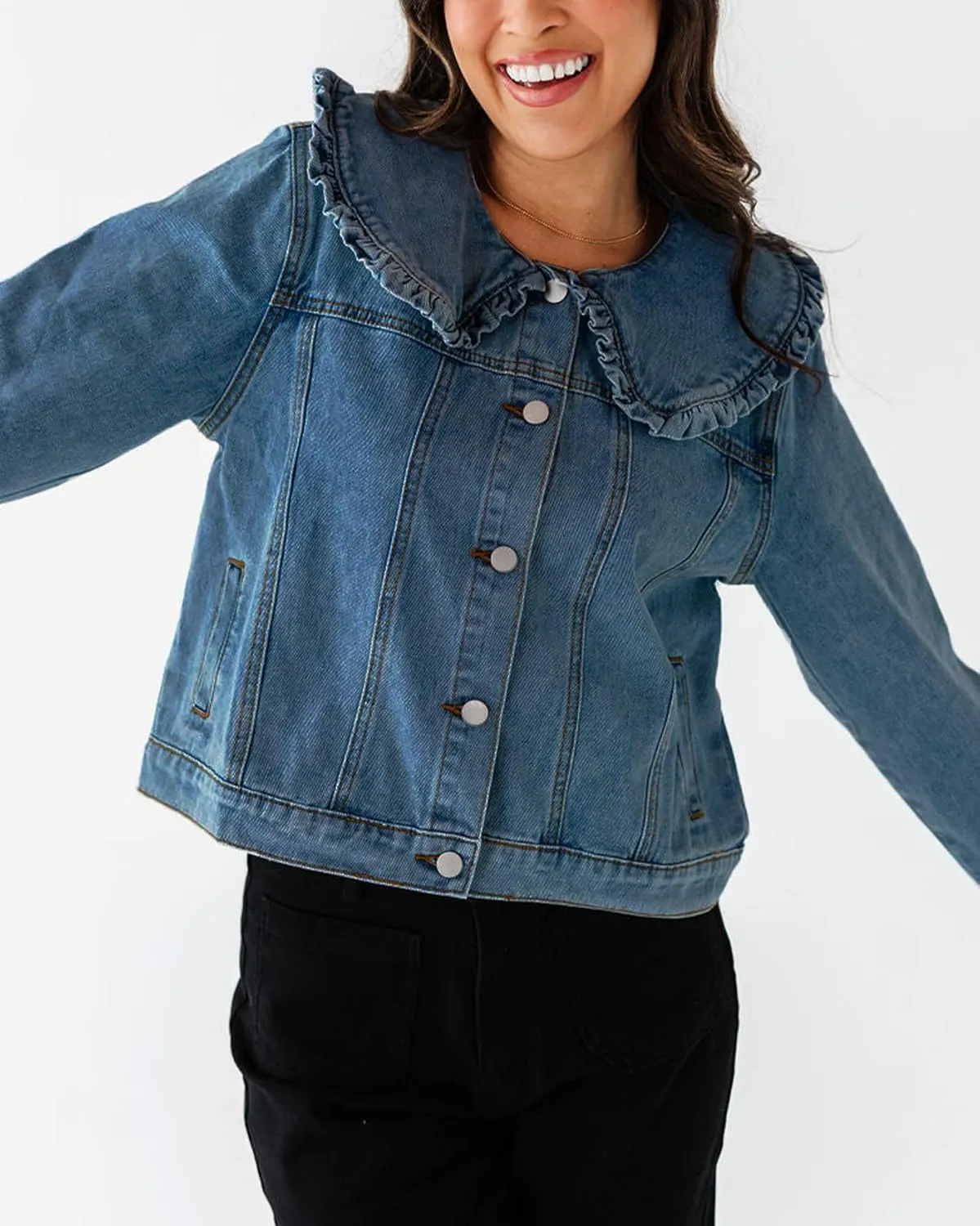 Kedera Women's Jean Jacket Cropped Denim Jacket Long Sleeve Peter Pan Collar Button Down Jean Shirt Crop Top