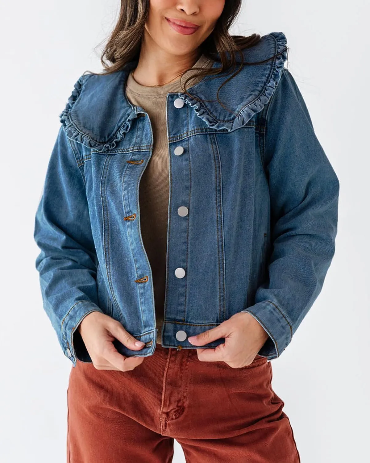 Kedera Women's Jean Jacket Cropped Denim Jacket Long Sleeve Peter Pan Collar Button Down Jean Shirt Crop Top
