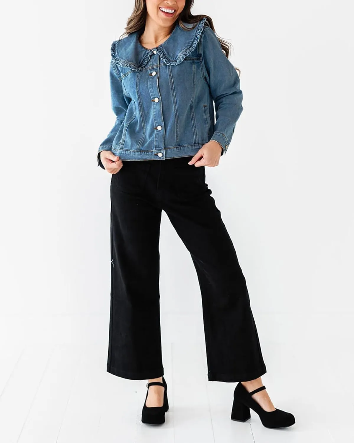 Kedera Women's Jean Jacket Cropped Denim Jacket Long Sleeve Peter Pan Collar Button Down Jean Shirt Crop Top