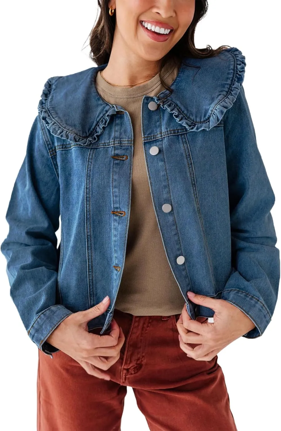 Kedera Women's Jean Jacket Cropped Denim Jacket Long Sleeve Peter Pan Collar Button Down Jean Shirt Crop Top