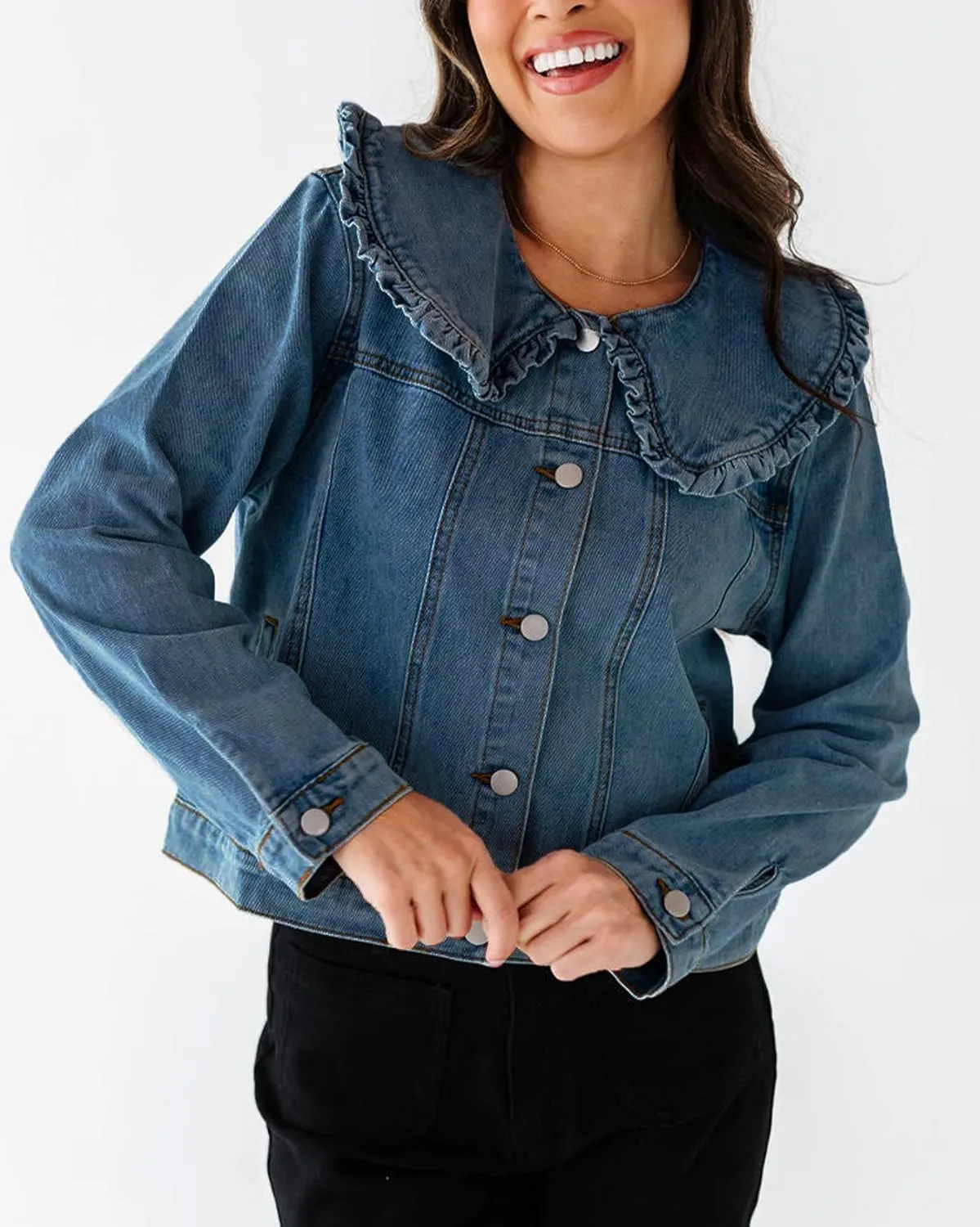 Kedera Women's Jean Jacket Cropped Denim Jacket Long Sleeve Peter Pan Collar Button Down Jean Shirt Crop Top