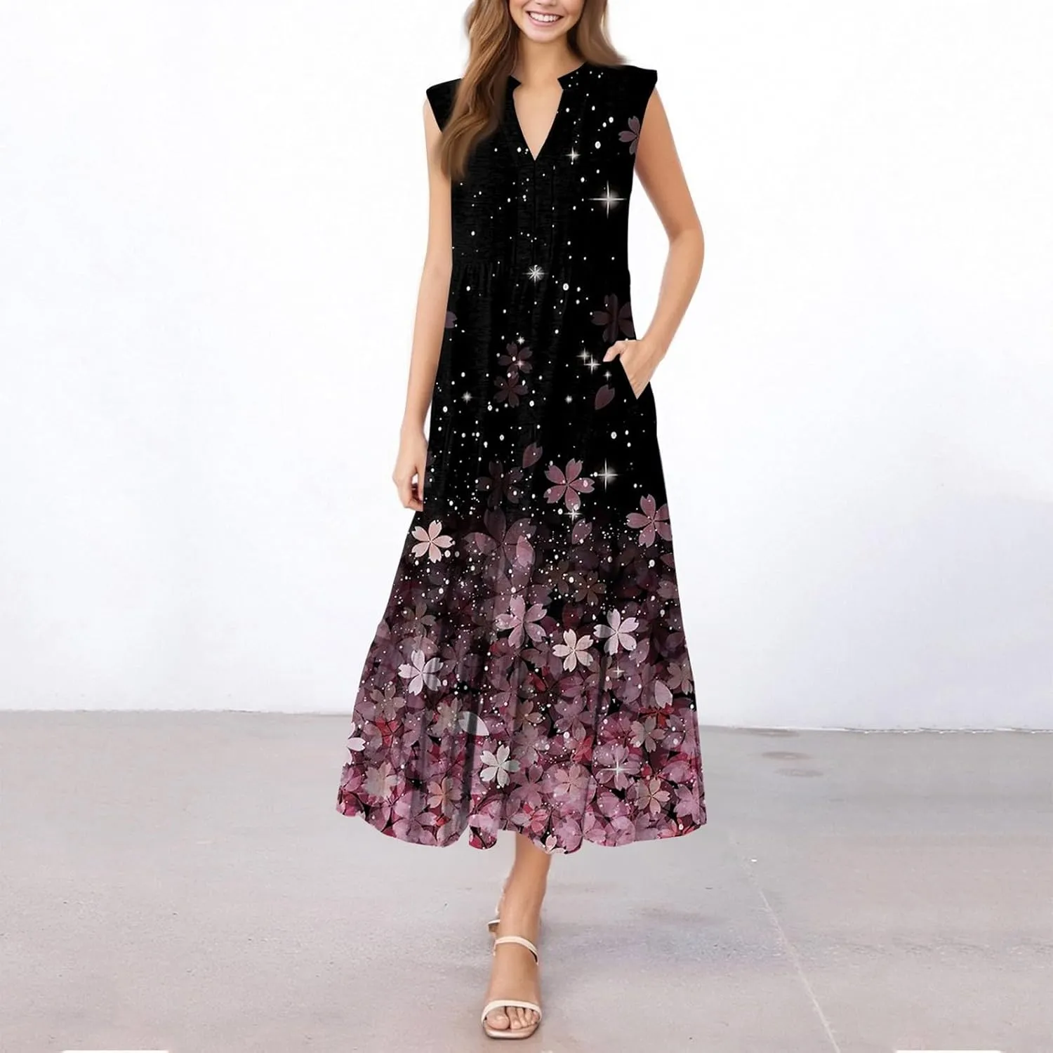 Kenvina Summer Dresses for Women 2025 Maxi Casual Floral Boho Sundresses Sleeveless V-Neck Pleated Beach Vacation Tank Dress