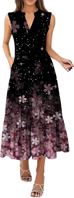 Kenvina Summer Dresses for Women 2025 Maxi Casual Floral Boho Sundresses Sleeveless V-Neck Pleated Beach Vacation Tank Dress
