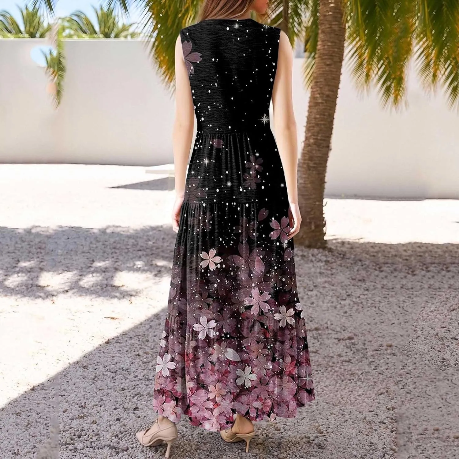 Kenvina Summer Dresses for Women 2025 Maxi Casual Floral Boho Sundresses Sleeveless V-Neck Pleated Beach Vacation Tank Dress
