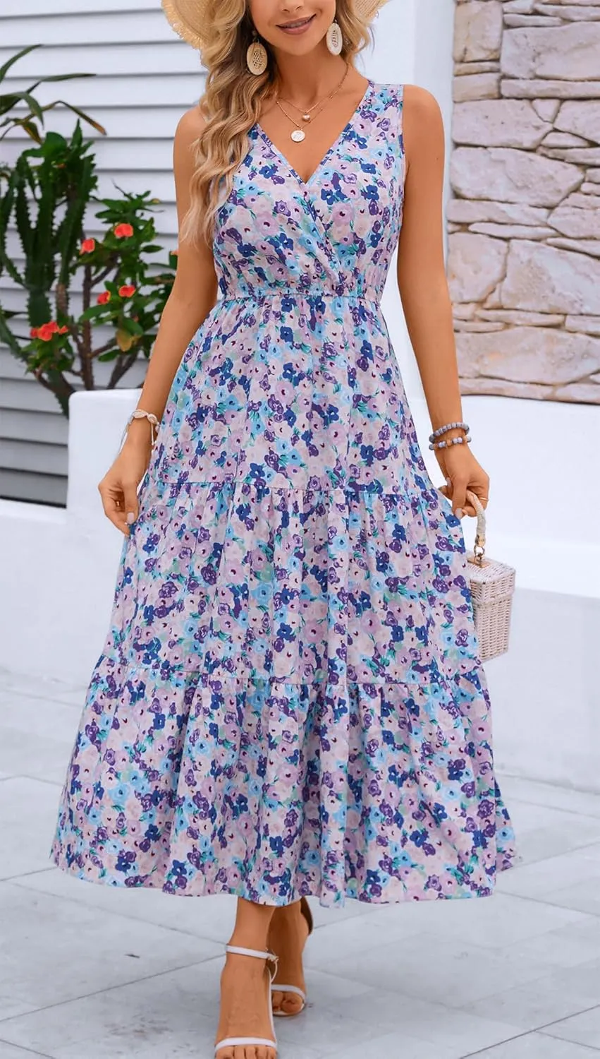 Kormei Women Summer Casual V Neck Sleeveless Maxi Dresses Floral Long Dress Wedding Guest Party Dress