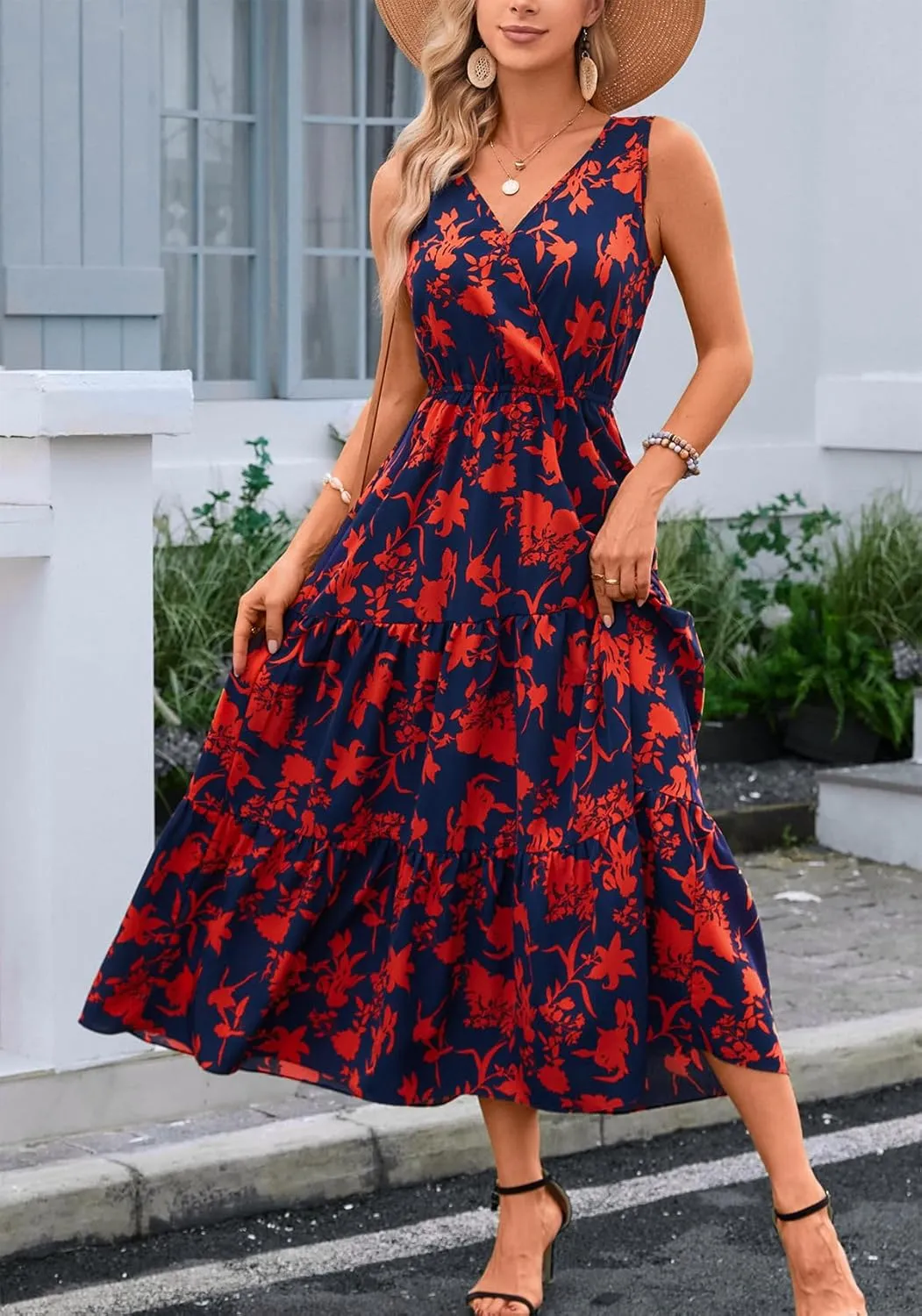 Kormei Women Summer Casual V Neck Sleeveless Maxi Dresses Floral Long Dress Wedding Guest Party Dress
