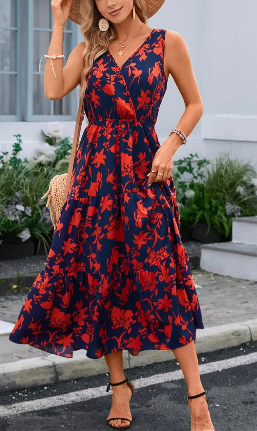 Kormei Women Summer Casual V Neck Sleeveless Maxi Dresses Floral Long Dress Wedding Guest Party Dress
