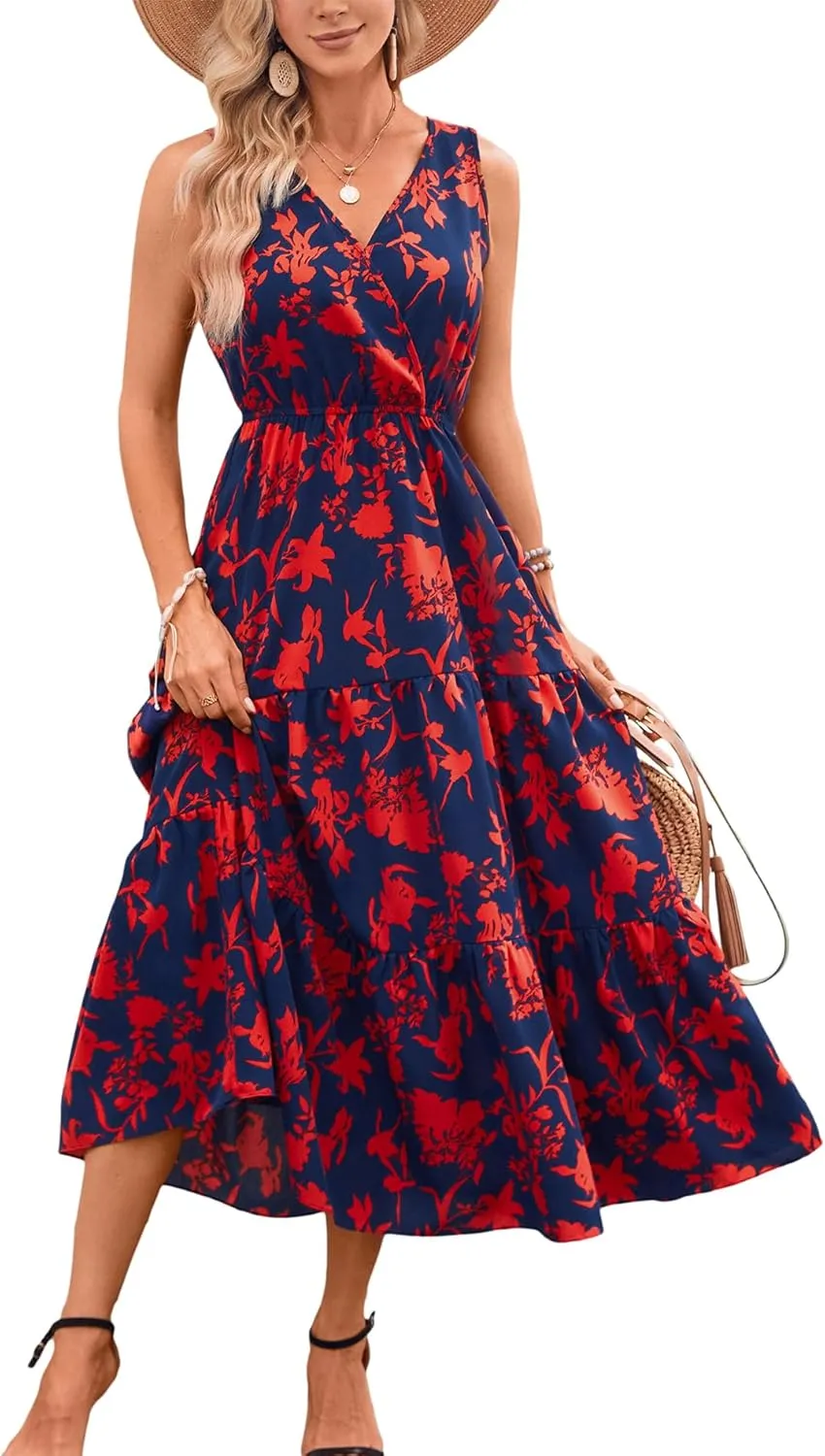 Kormei Women Summer Casual V Neck Sleeveless Maxi Dresses Floral Long Dress Wedding Guest Party Dress