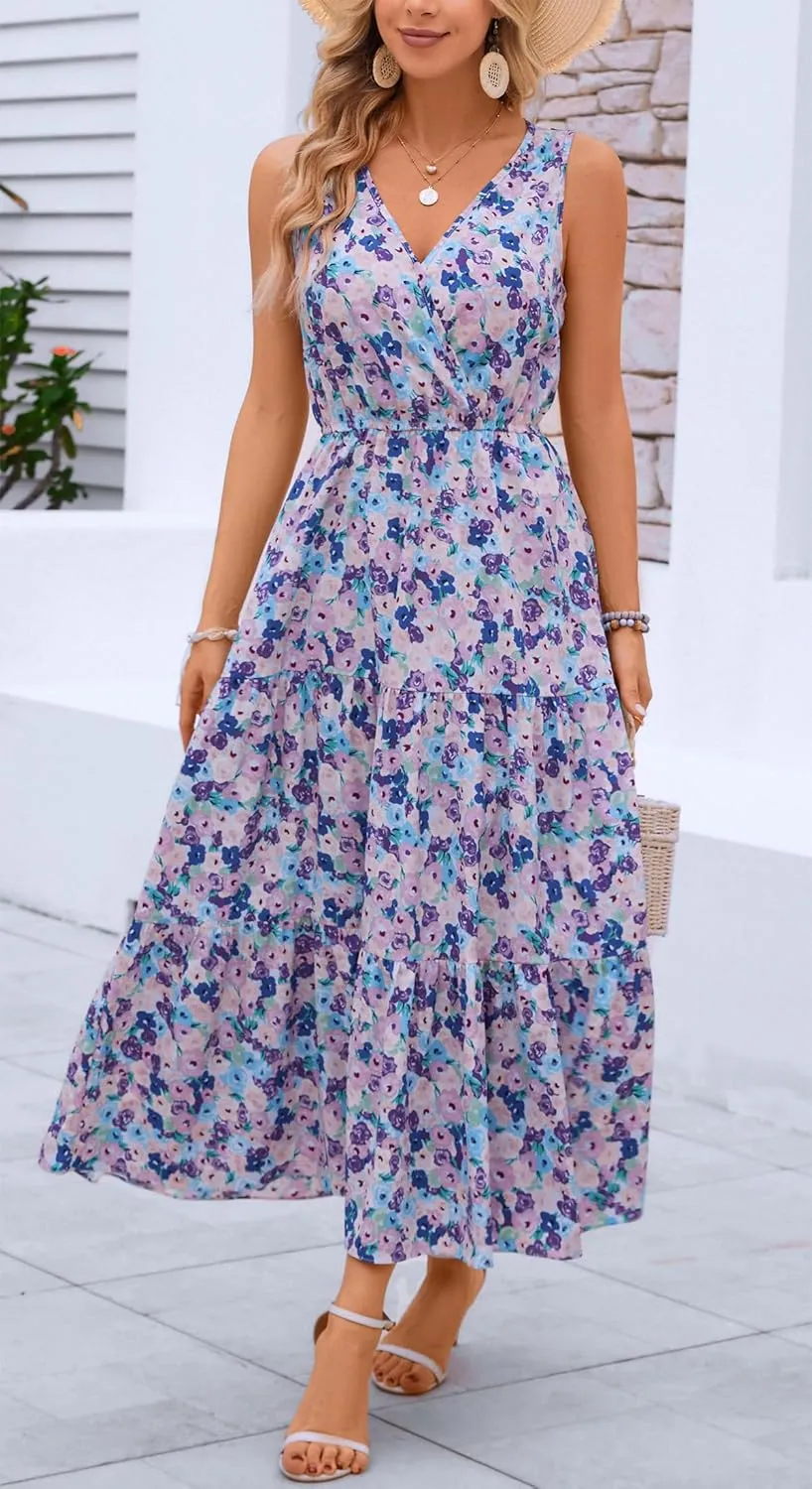 Kormei Women Summer Casual V Neck Sleeveless Maxi Dresses Floral Long Dress Wedding Guest Party Dress