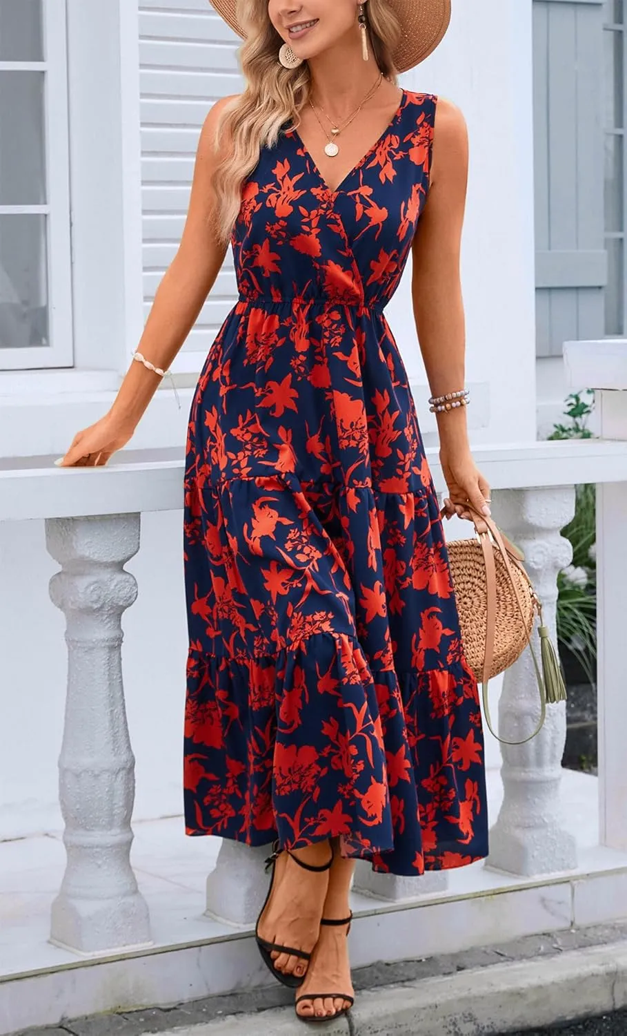 Kormei Women Summer Casual V Neck Sleeveless Maxi Dresses Floral Long Dress Wedding Guest Party Dress
