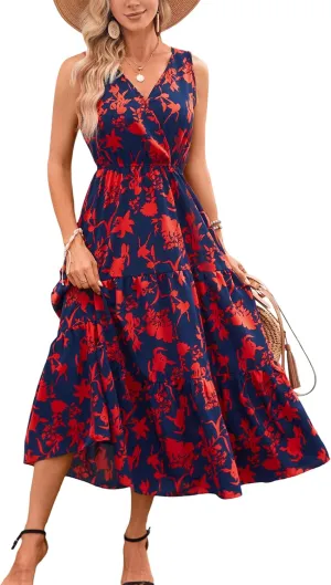 Kormei Women Summer Casual V Neck Sleeveless Maxi Dresses Floral Long Dress Wedding Guest Party Dress