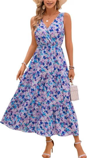 Kormei Women Summer Casual V Neck Sleeveless Maxi Dresses Floral Long Dress Wedding Guest Party Dress