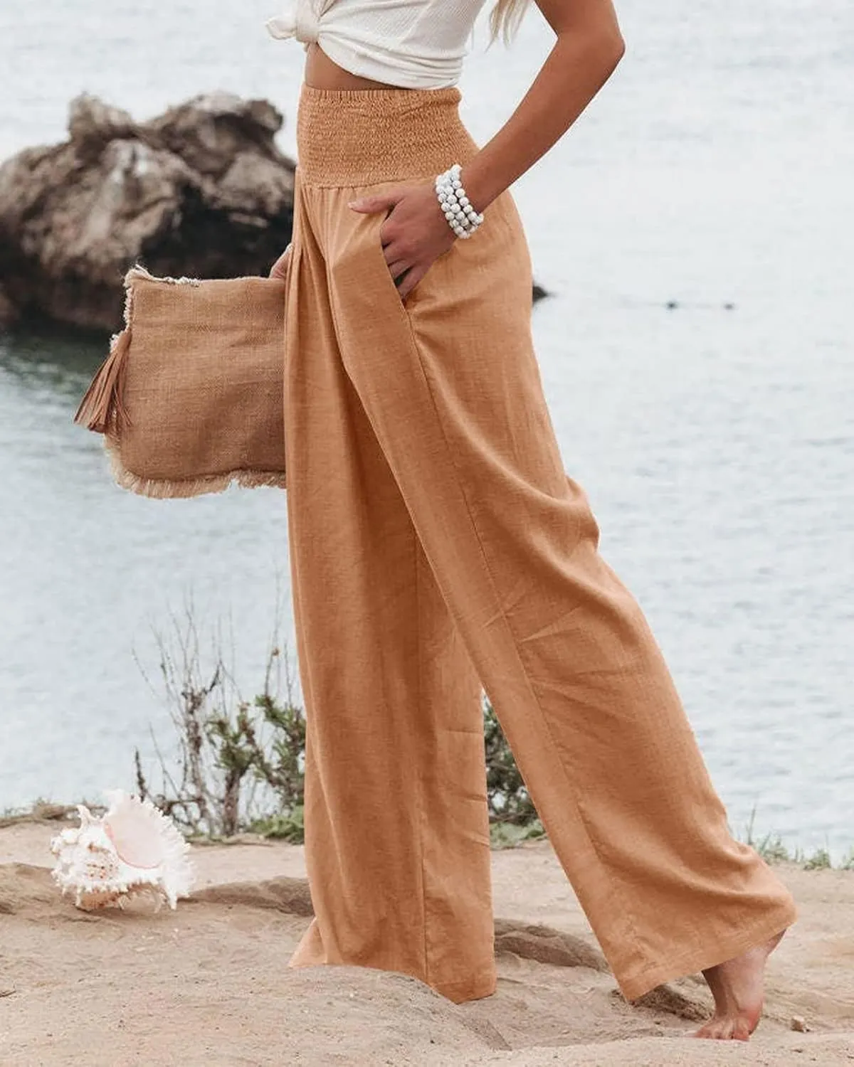 Kubbon Cotton Linen Pants for Women Wide Leg High Waist Pants Casual Stretchy Palazzo Trousers with Pockets Summer Clothes