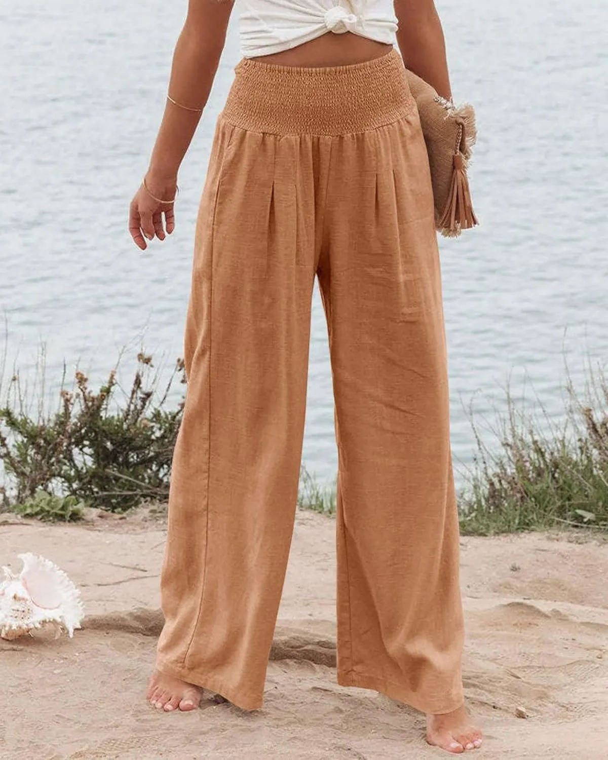 Kubbon Cotton Linen Pants for Women Wide Leg High Waist Pants Casual Stretchy Palazzo Trousers with Pockets Summer Clothes