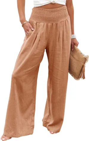 Kubbon Cotton Linen Pants for Women Wide Leg High Waist Pants Casual Stretchy Palazzo Trousers with Pockets Summer Clothes