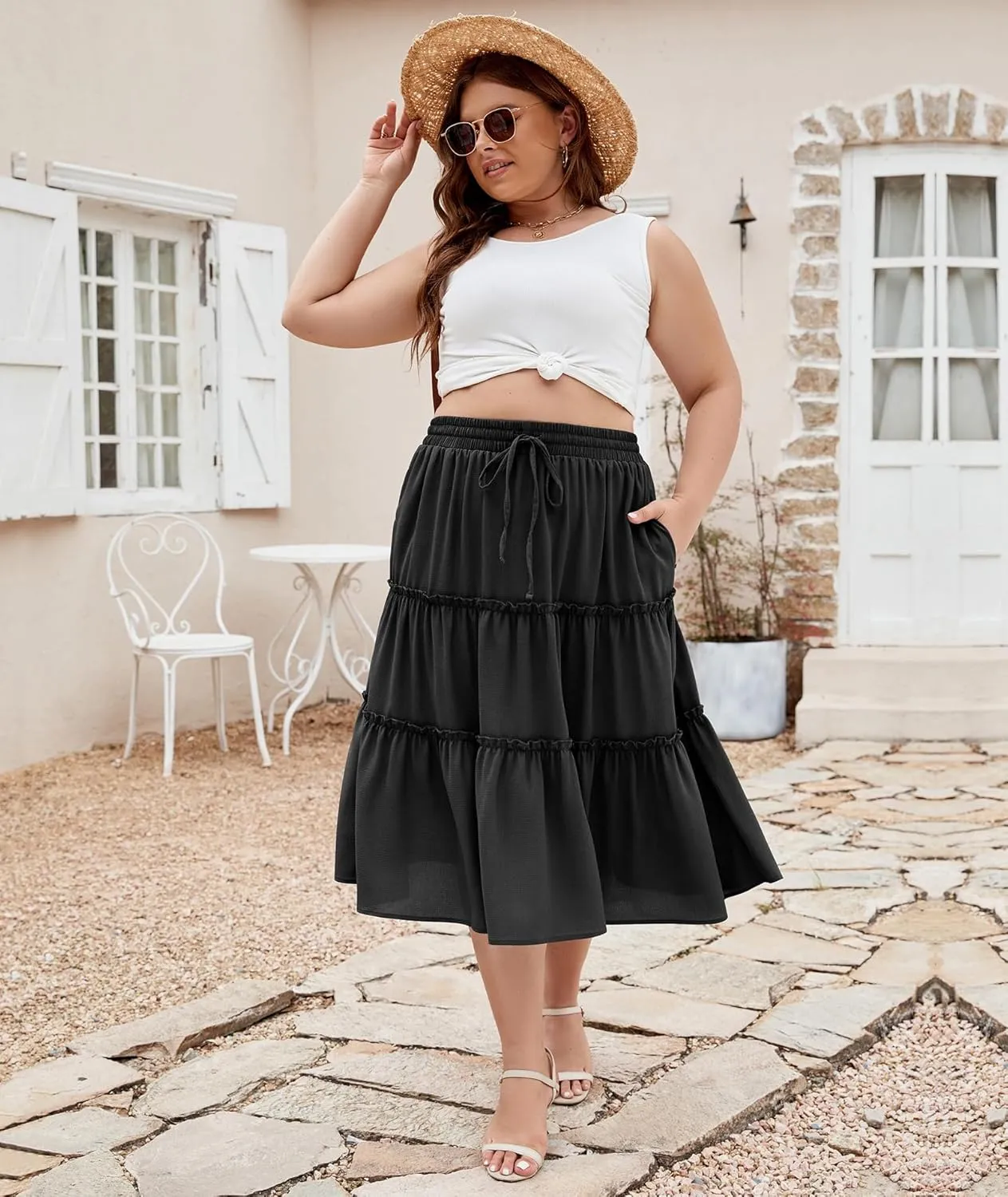 LALAGEN Womens Plus Size Boho Midi Skirt Elastic High Waist Summer Flowy A Line Long Midi Skirt with Pockets