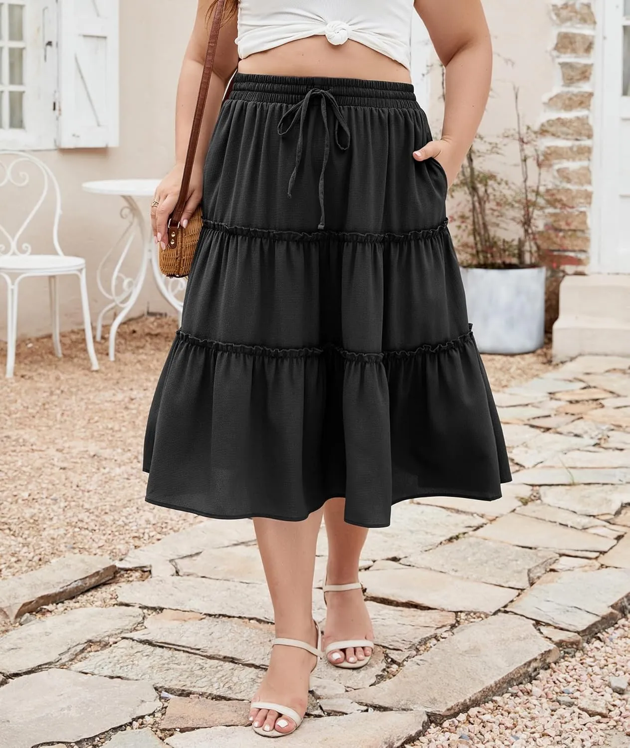 LALAGEN Womens Plus Size Boho Midi Skirt Elastic High Waist Summer Flowy A Line Long Midi Skirt with Pockets