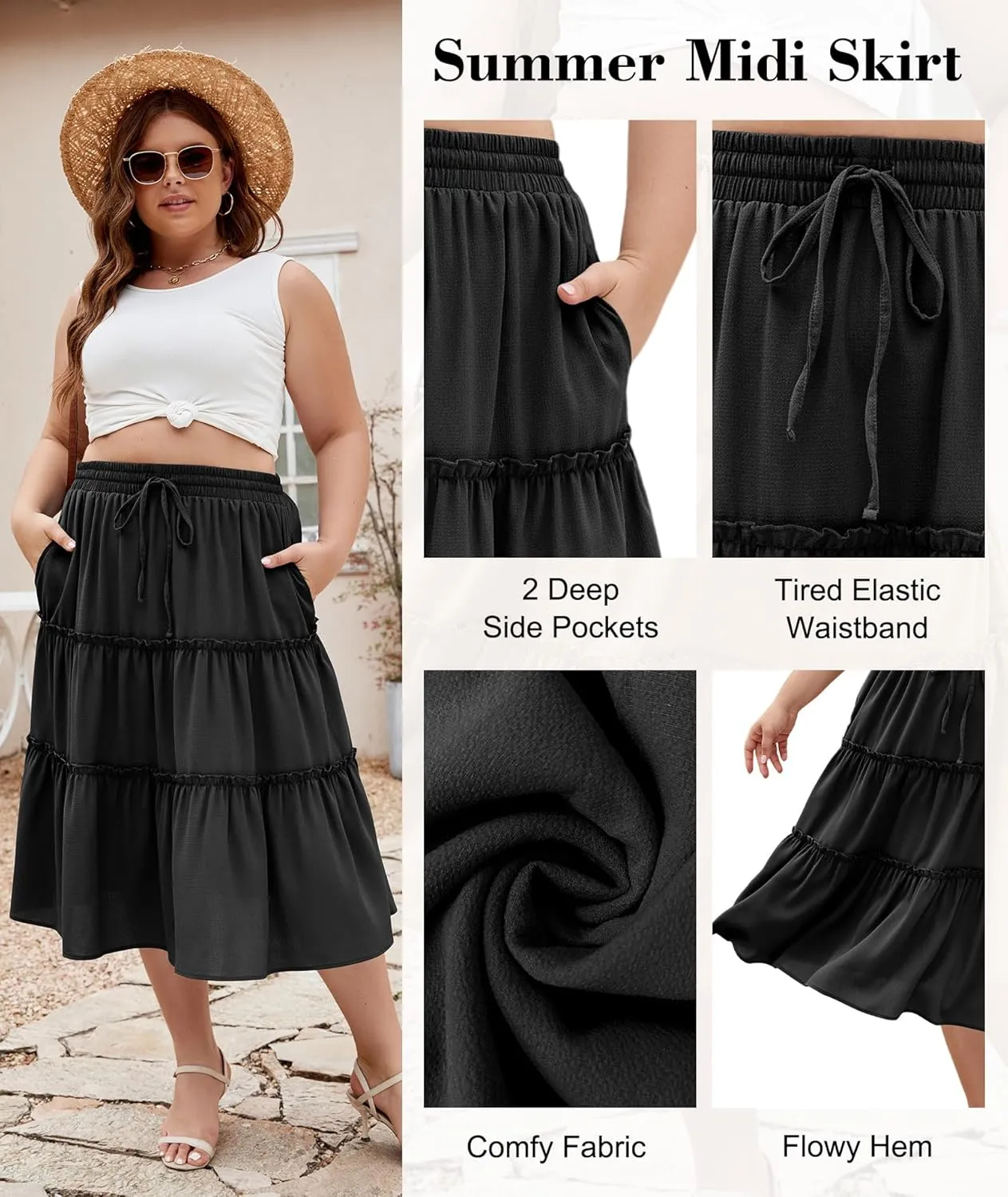 LALAGEN Womens Plus Size Boho Midi Skirt Elastic High Waist Summer Flowy A Line Long Midi Skirt with Pockets