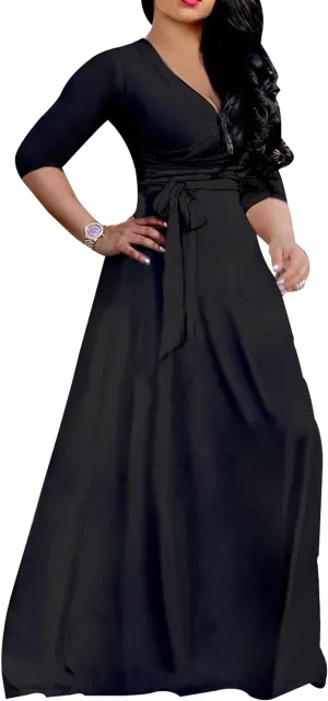 LightlyKiss Plus-Size Maxi Dresses for Women African Summer 3/4 Sleeves Beach Sundress with Pockets