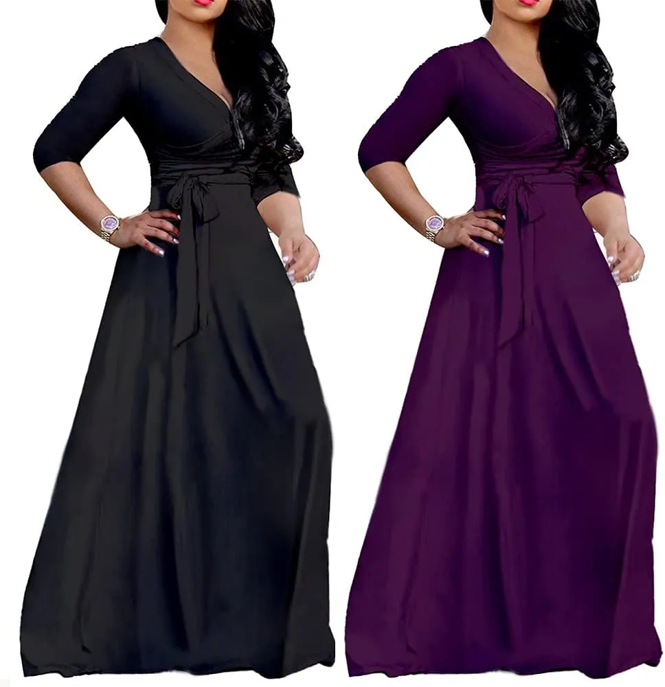 LightlyKiss Plus-Size Maxi Dresses for Women African Summer 3/4 Sleeves Beach Sundress with Pockets