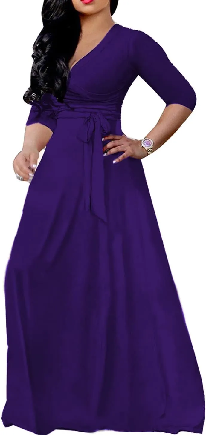 LightlyKiss Plus-Size Maxi Dresses for Women African Summer 3/4 Sleeves Beach Sundress with Pockets