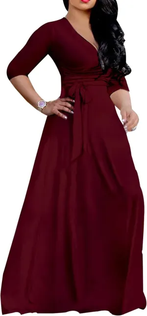 LightlyKiss Plus-Size Maxi Dresses for Women African Summer 3/4 Sleeves Beach Sundress with Pockets