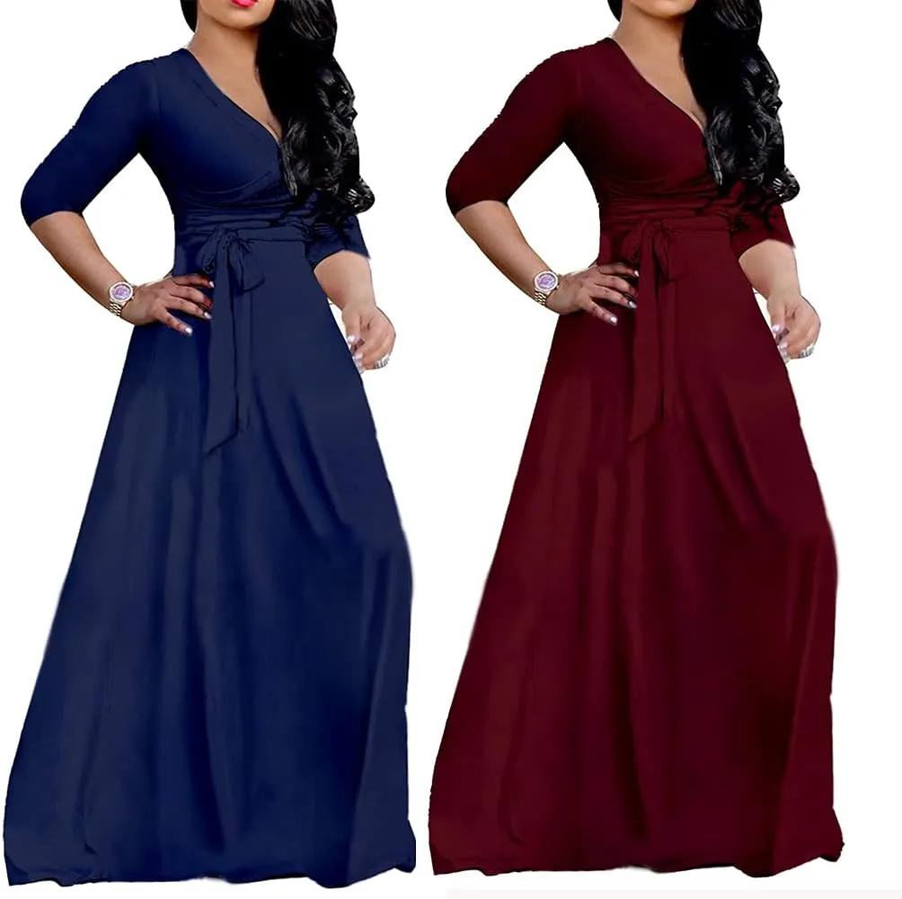 LightlyKiss Plus-Size Maxi Dresses for Women African Summer 3/4 Sleeves Beach Sundress with Pockets