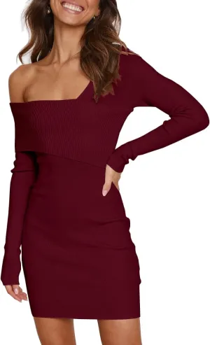 LILLUSORY Women's Off Shoulder Sweater Dress Long Sleeve Bodycon Mini Dress Ribbed Knit Dresses 2024 Spring