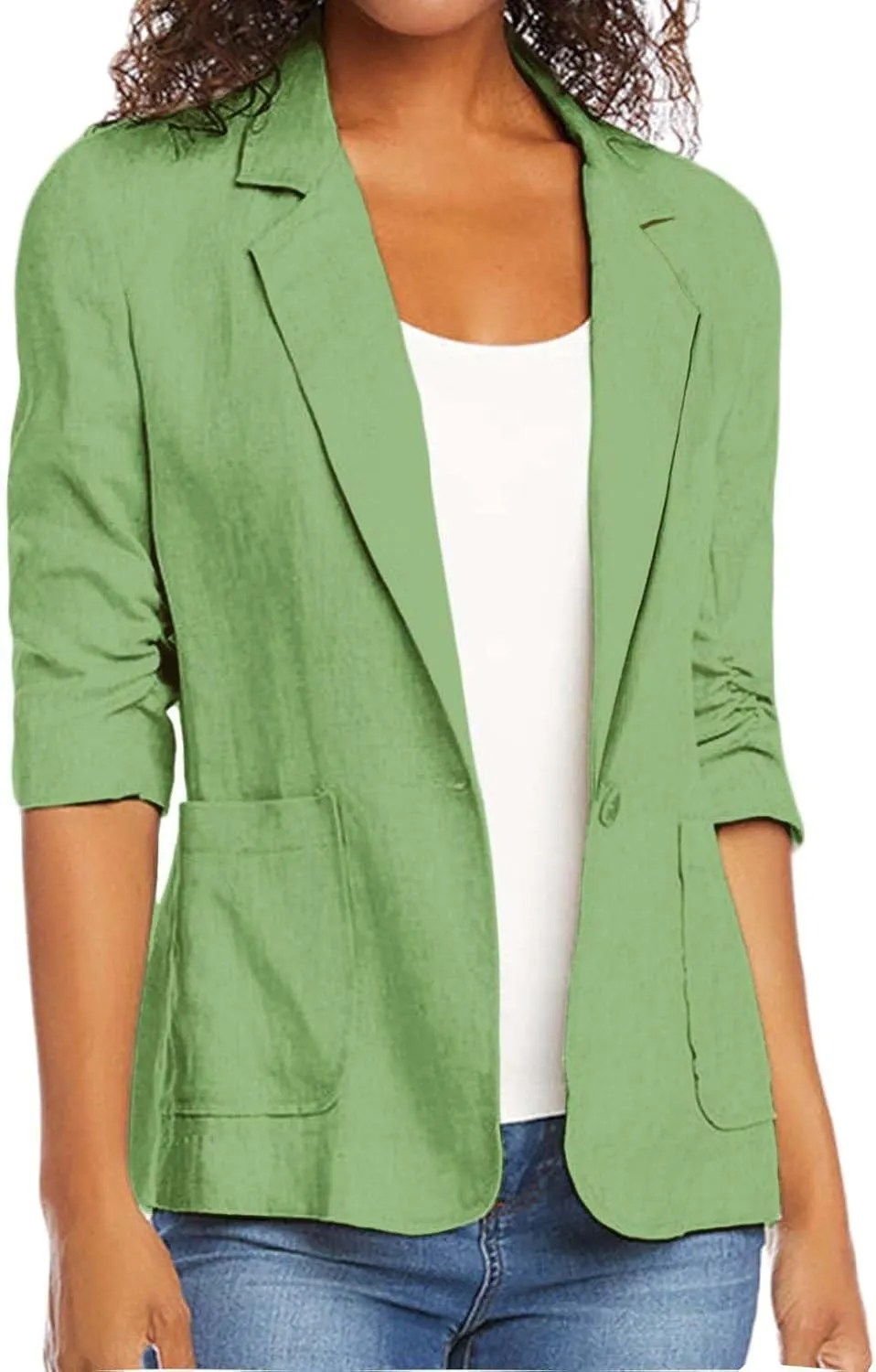 linen blazer women 3/4 sleeve Ruched One Button Lightweight plus size Slim Casual Work Office Jacket with Pockets