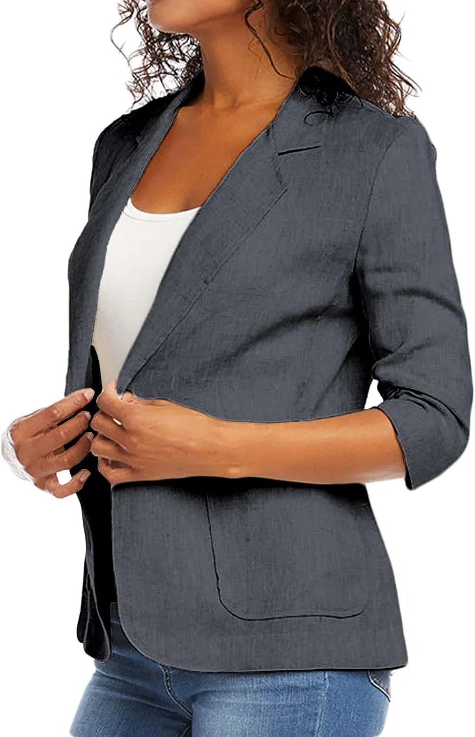 linen blazer women 3/4 sleeve Ruched One Button Lightweight plus size Slim Casual Work Office Jacket with Pockets