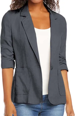 linen blazer women 3/4 sleeve Ruched One Button Lightweight plus size Slim Casual Work Office Jacket with Pockets