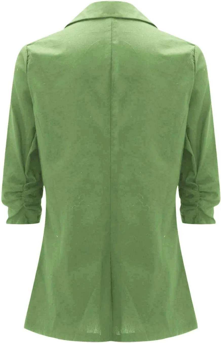 linen blazer women 3/4 sleeve Ruched One Button Lightweight plus size Slim Casual Work Office Jacket with Pockets