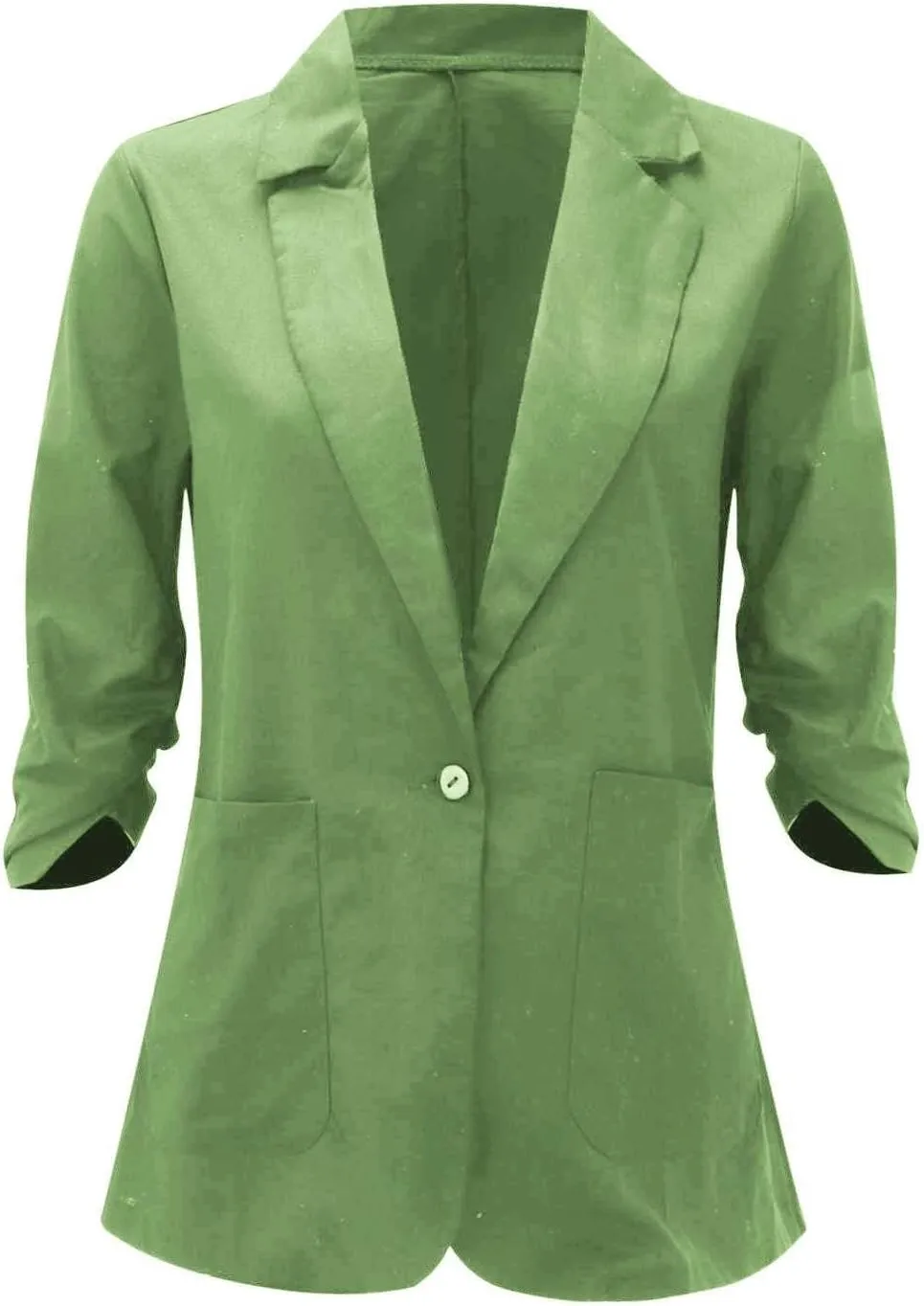 linen blazer women 3/4 sleeve Ruched One Button Lightweight plus size Slim Casual Work Office Jacket with Pockets