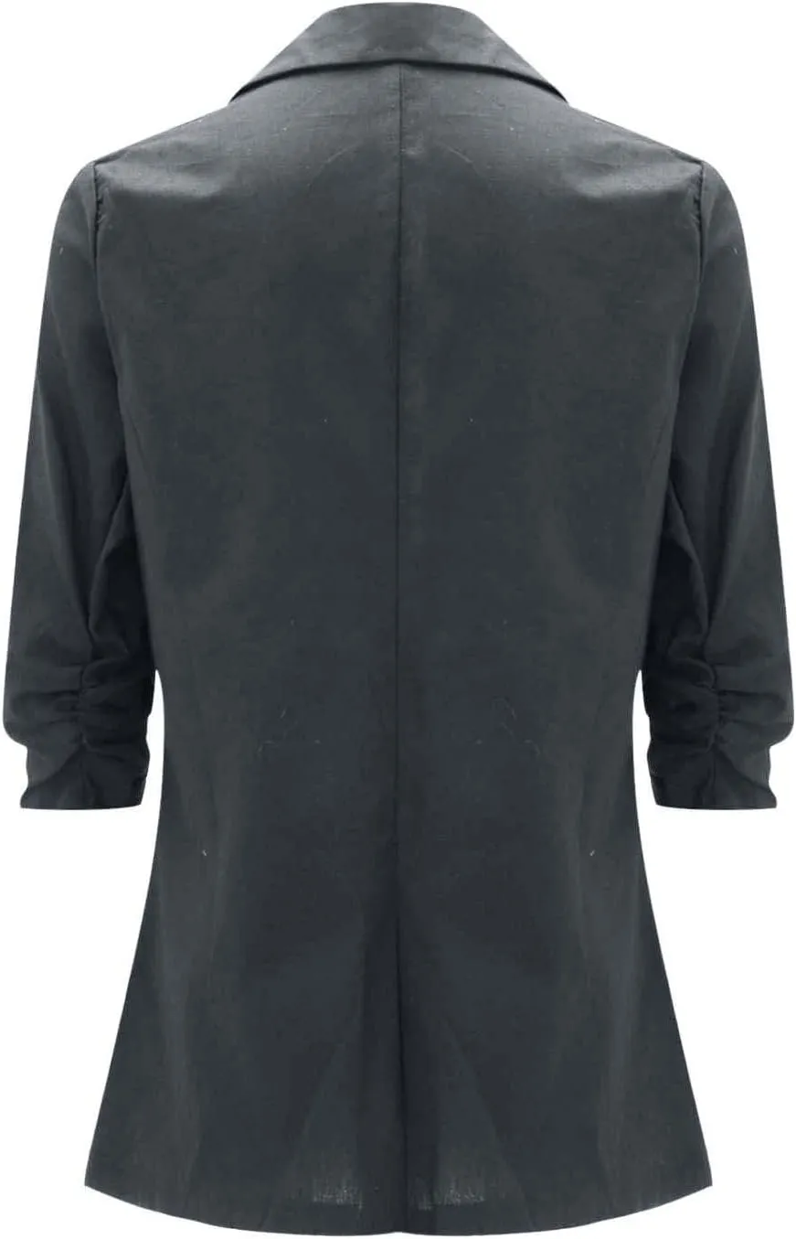 linen blazer women 3/4 sleeve Ruched One Button Lightweight plus size Slim Casual Work Office Jacket with Pockets
