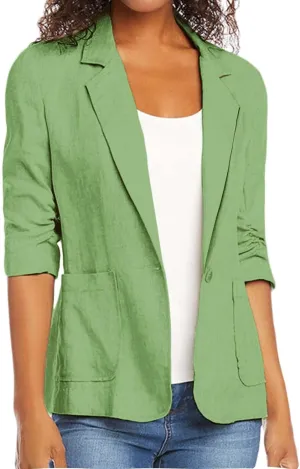 linen blazer women 3/4 sleeve Ruched One Button Lightweight plus size Slim Casual Work Office Jacket with Pockets