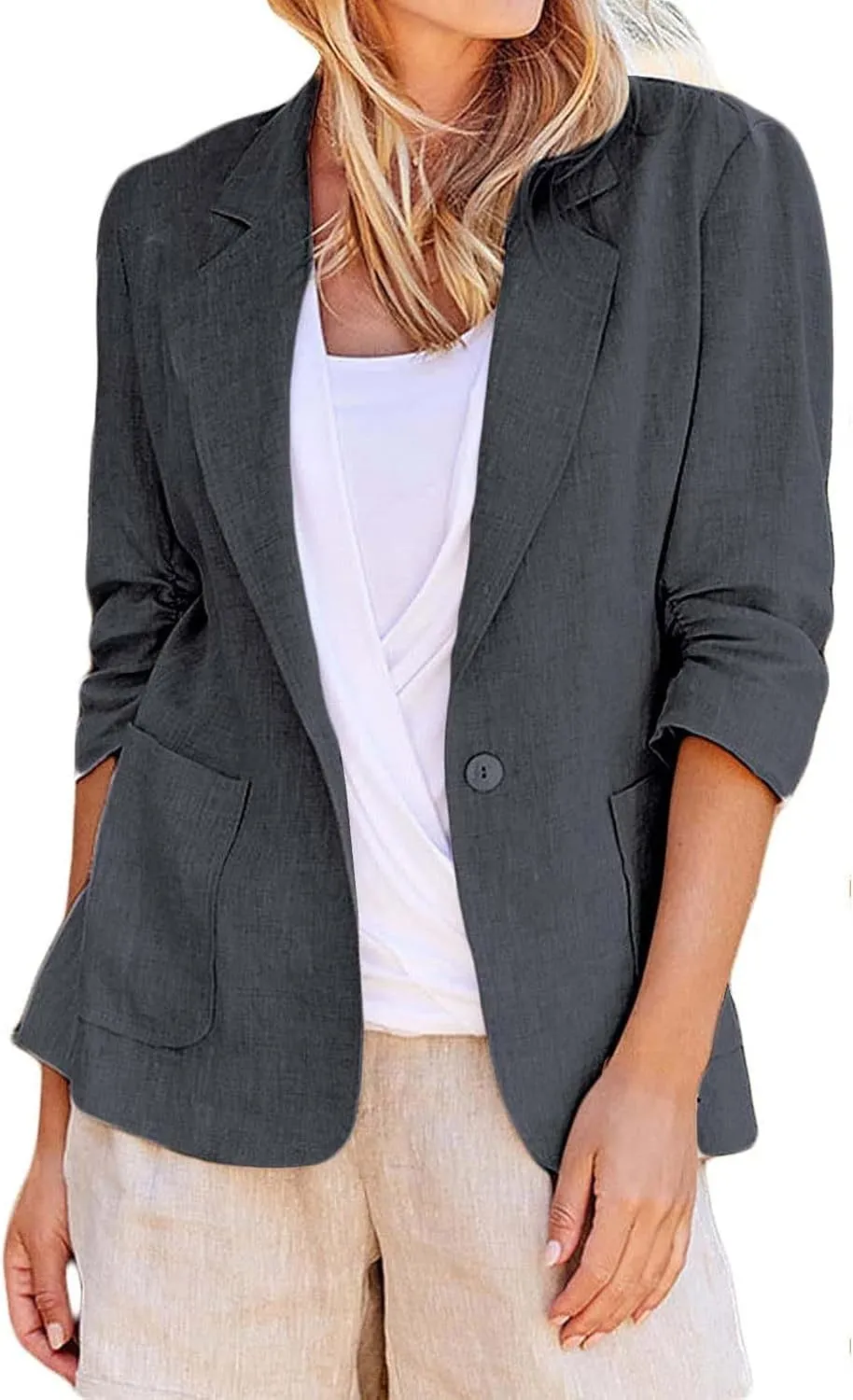 linen blazer women 3/4 sleeve Ruched One Button Lightweight plus size Slim Casual Work Office Jacket with Pockets
