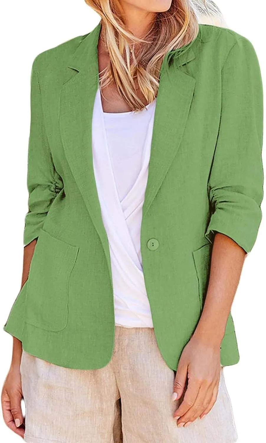 linen blazer women 3/4 sleeve Ruched One Button Lightweight plus size Slim Casual Work Office Jacket with Pockets