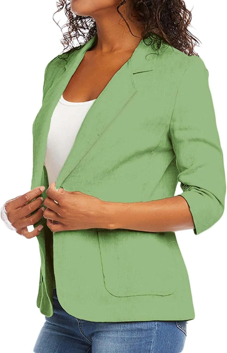 linen blazer women 3/4 sleeve Ruched One Button Lightweight plus size Slim Casual Work Office Jacket with Pockets