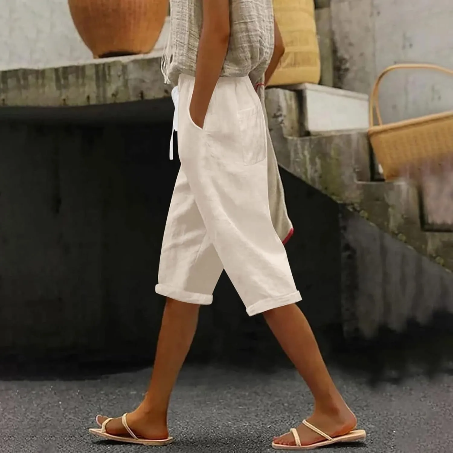 Linen Capri Pants for Women Casual Summer Capris Drawstring High Waist Pants Wide Leg Cropped Trousers