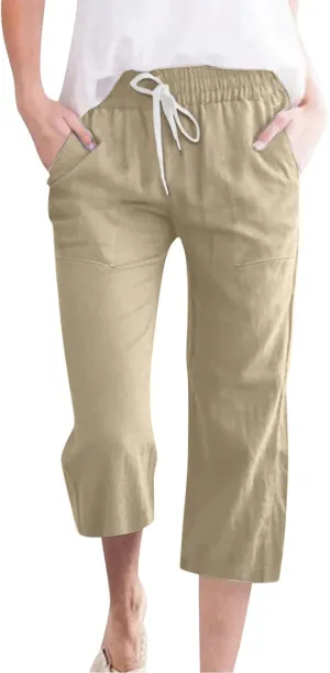 Linen Capri Pants for Women Casual Summer Capris Drawstring High Waist Pants Wide Leg Cropped Trousers