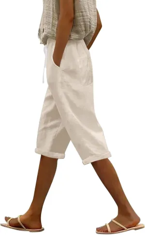 Linen Capri Pants for Women Casual Summer Capris Drawstring High Waist Pants Wide Leg Cropped Trousers