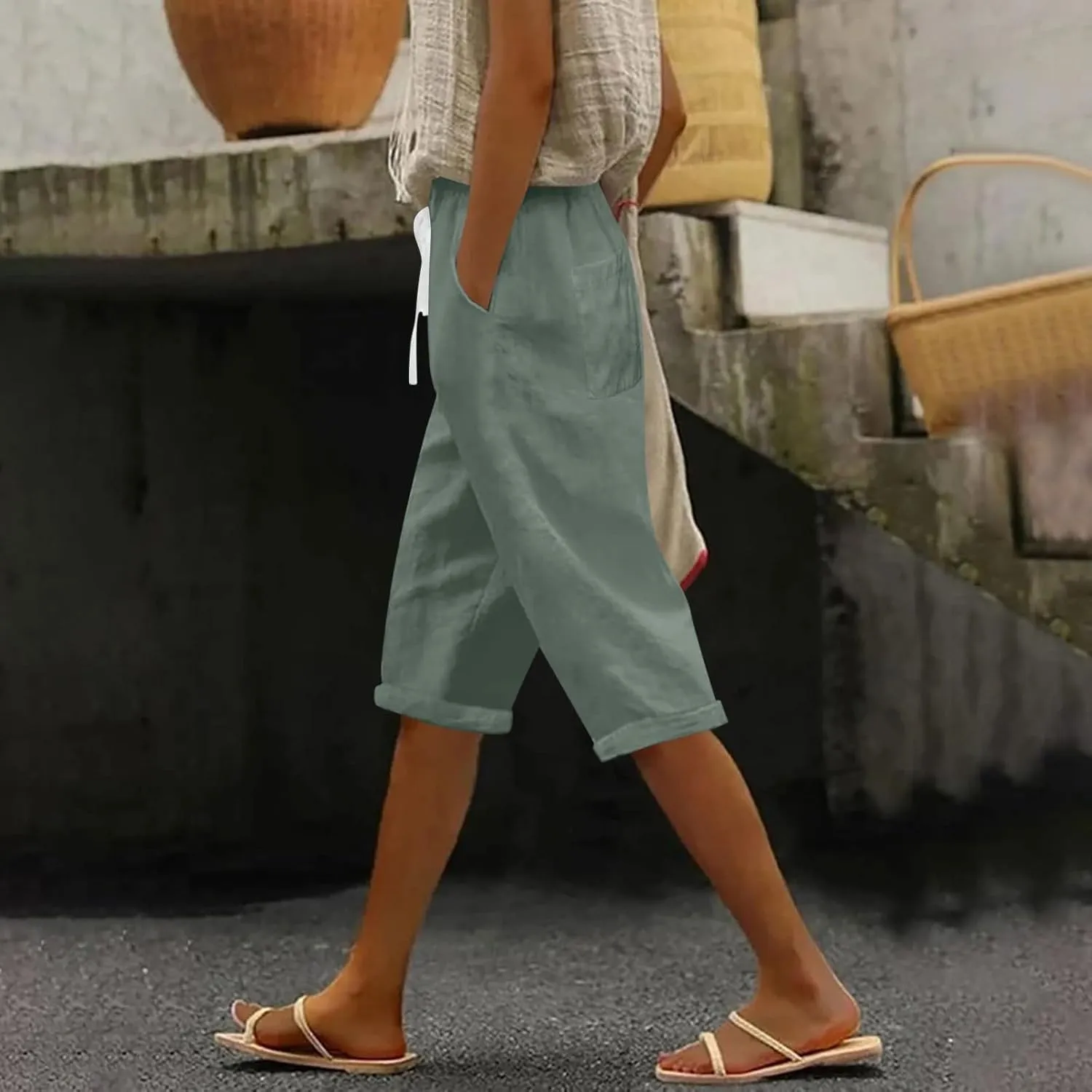 Linen Capri Pants for Women Casual Summer Capris Drawstring High Waist Pants Wide Leg Cropped Trousers