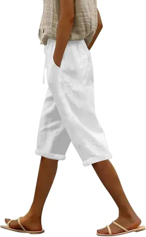 Linen Capri Pants for Women Casual Summer Capris Drawstring High Waist Pants Wide Leg Cropped Trousers
