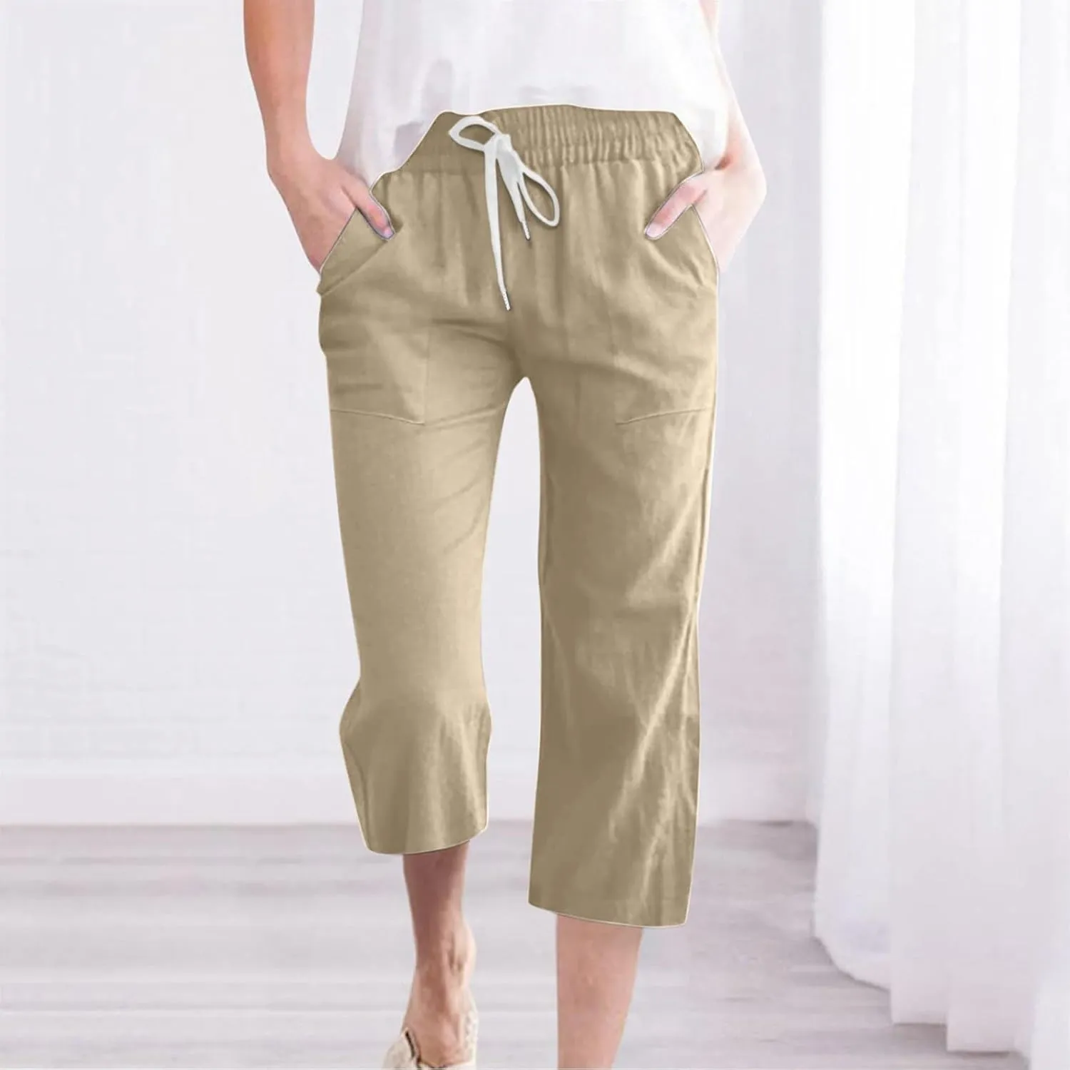 Linen Capri Pants for Women Casual Summer Capris Drawstring High Waist Pants Wide Leg Cropped Trousers