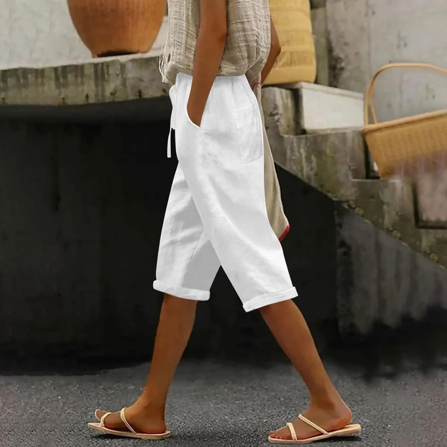 Linen Capri Pants for Women Casual Summer Capris Drawstring High Waist Pants Wide Leg Cropped Trousers